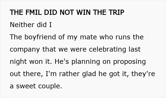 Text explaining that the Woman's Drunken Tantrum for a honeymoon trip was unsuccesful, entertaining the hotel.