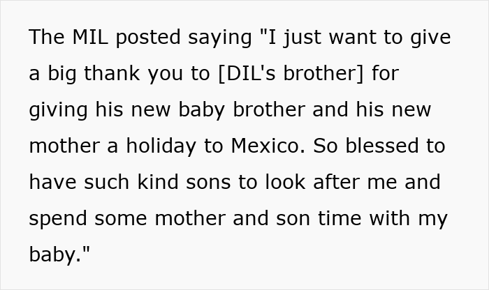 A social media post from the MIL about a holiday to Mexico, relating to the woman's drunken tantrum.