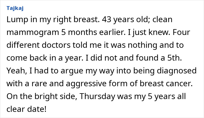 A woman shares a gut feeling story about knowing she had breast cancer despite doctors initially dismissing her.