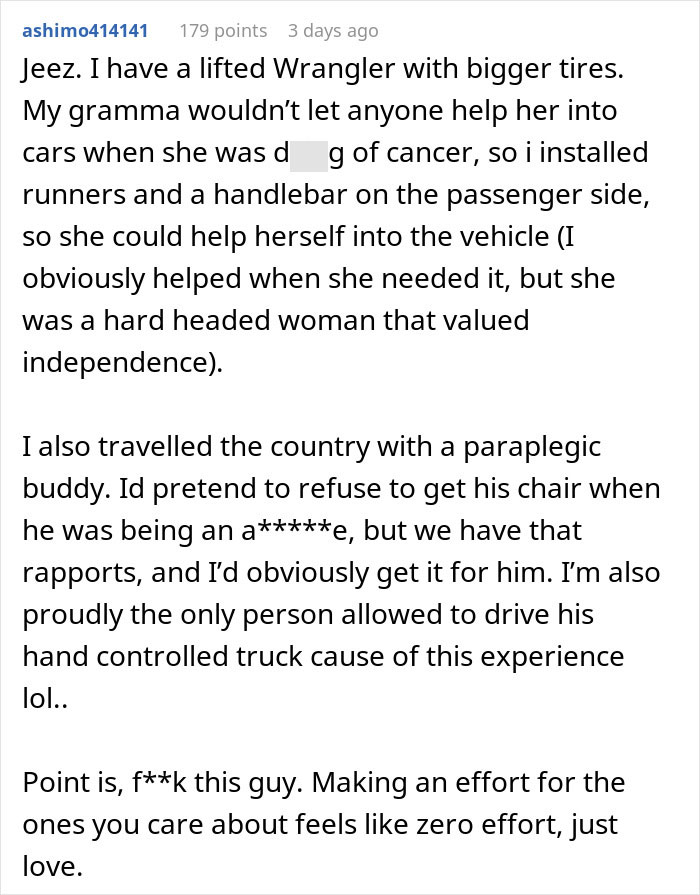User shares story about supporting disabled loved ones and criticizes ableist boyfriend behavior. User shares story about supporting disabled loved ones and criticizes ableist boyfriend behavior.