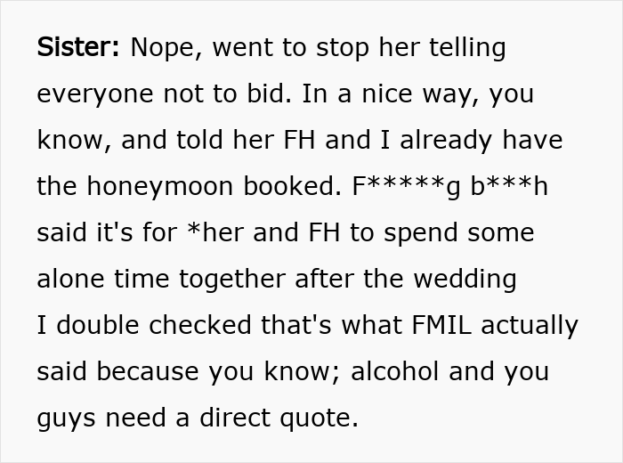 A screenshot showing a conversation about a woman's drunken tantrum and her son's honeymoon trip.