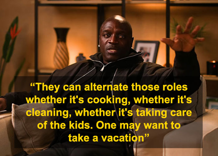 Akon explaining roles of cooking, cleaning, and childcare among his multiple wives