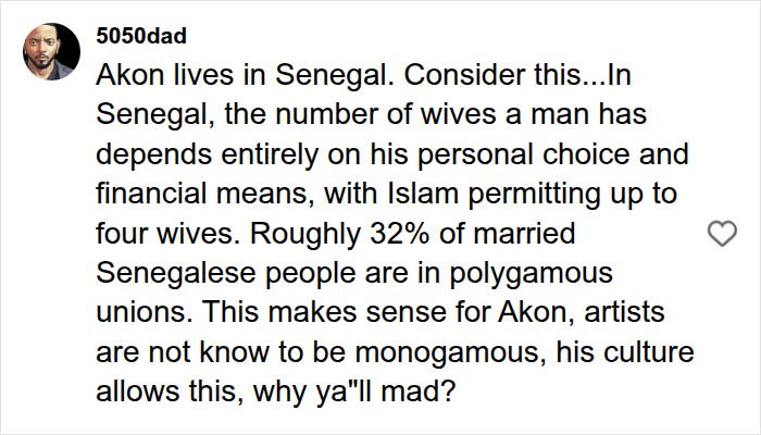Comment explaining Akon's polygamous lifestyle in Senegal context