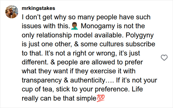 Comment supporting polygyny as a valid relationship model and transparency