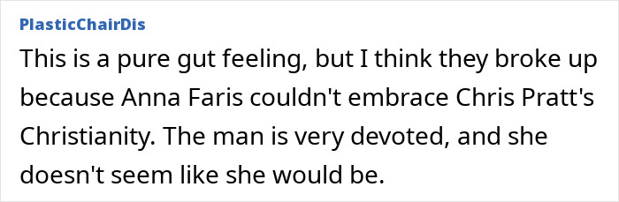 Comment on Anna Faris and Chris Pratt's breakup linked to faith differences