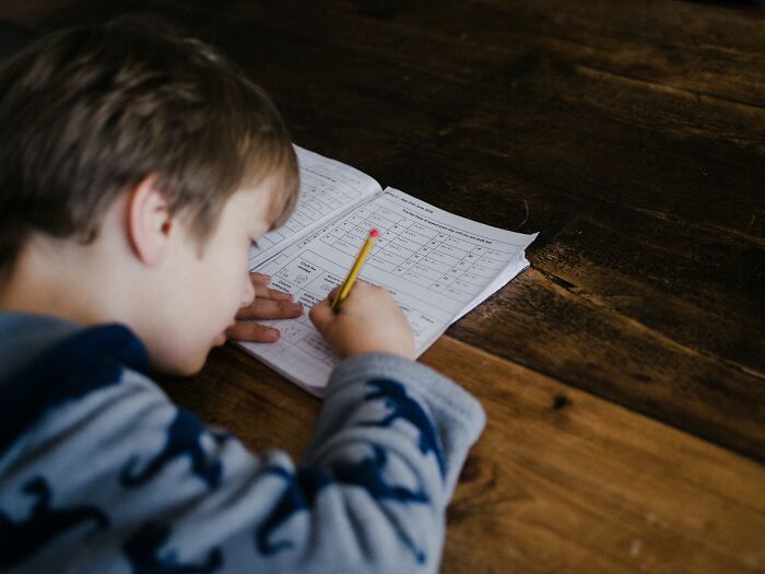 A young student doing homework, representing the experiences teachers have with entitled parents' messages.