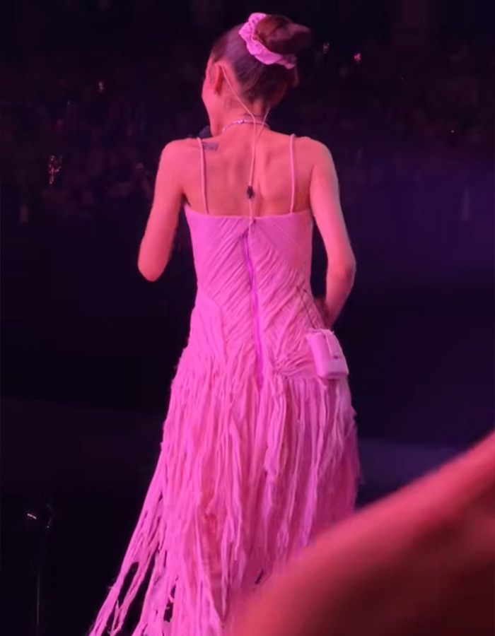 Ariana Grande wearing a pink fringe dress performing on stage