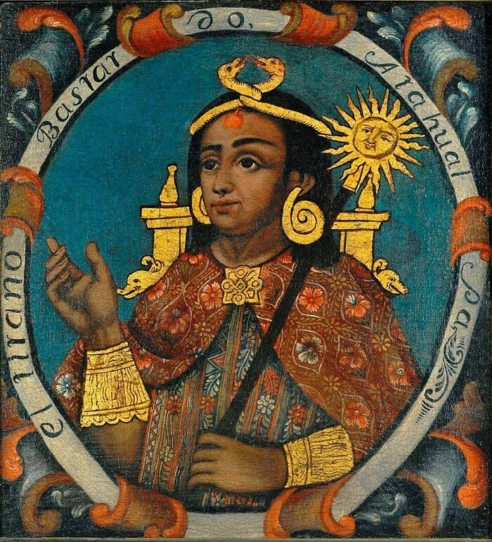A vibrant portrait of Atahualpa, an Inca ruler, in traditional attire and gold regalia, representing lost treasures of ancient civilizations.
