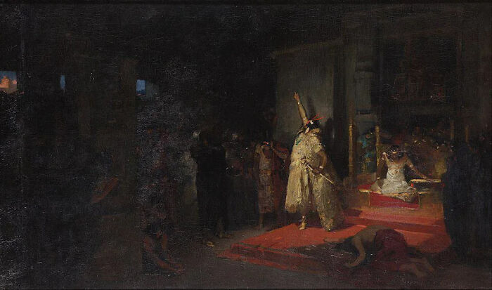 A dimly lit historical painting depicting a dramatic scene, possibly related to a lost treasure or significant historical event.