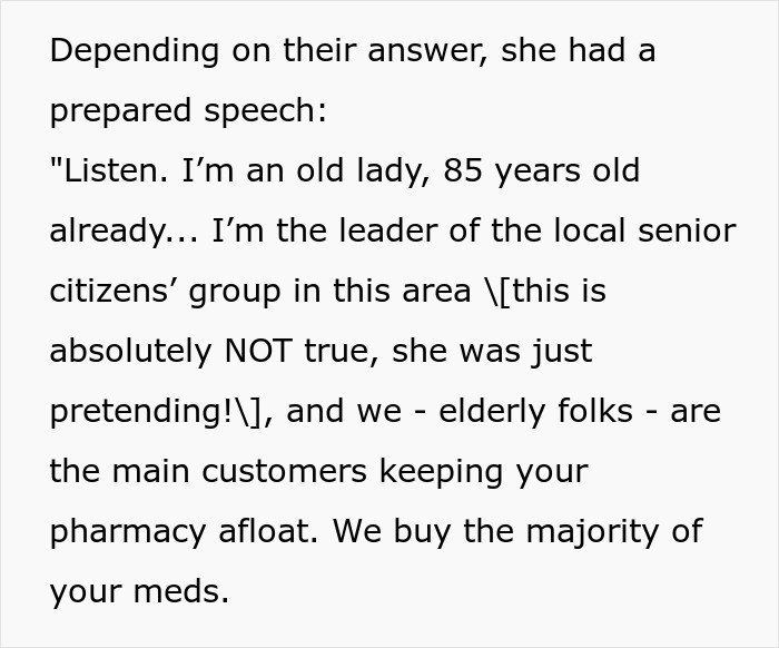 Elderly woman explains senior customers' pharmacy support role Elderly woman explains senior customers' pharmacy support role