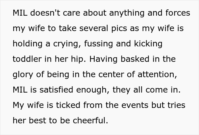 Text detailing how an attention-seeker mom demands photos, ruining a Mother's Day while a wife holds a crying toddler. Text detailing how an attention-seeker mom demands photos, ruining a Mother's Day while a wife holds a crying toddler.