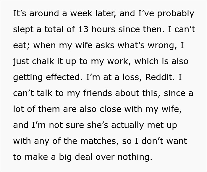 Text about emotional struggle after discovering wife's Tinder matches Text about emotional struggle after discovering wife's Tinder matches