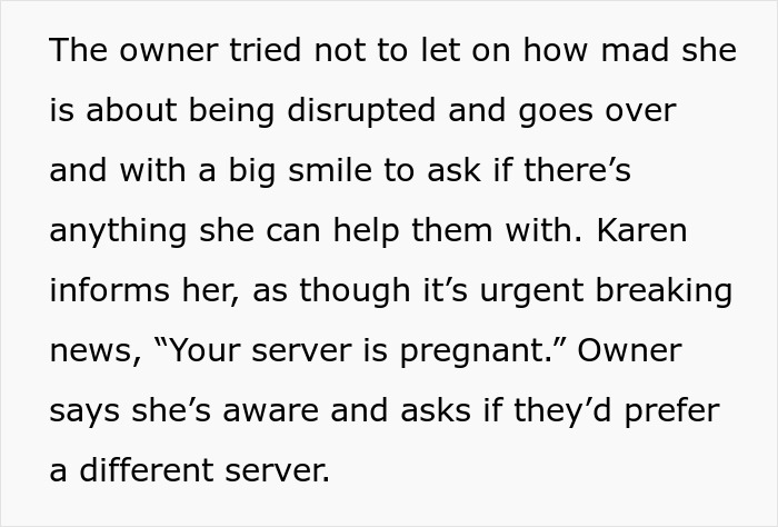 Text of an owner reacting to a complaint about a pregnant woman working in a pub and offering alternative service.