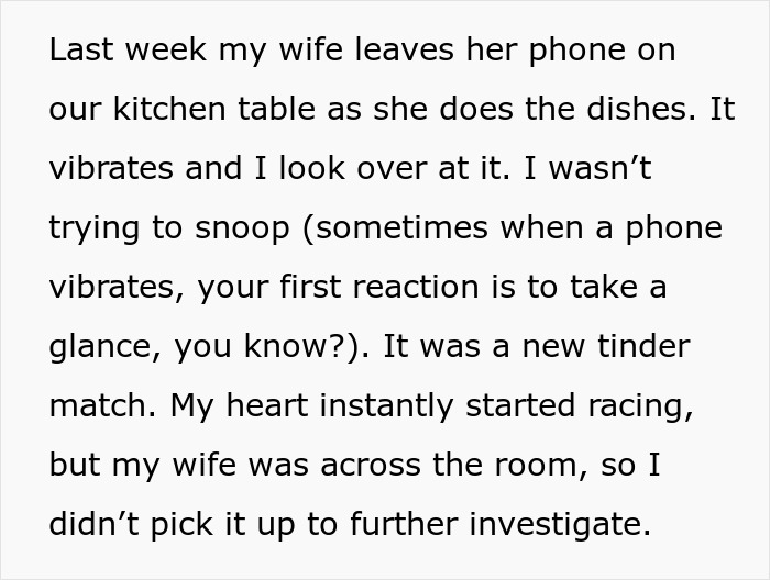 Text describing discovery of wife's new Tinder match causing worry Text describing discovery of wife's new Tinder match causing worry