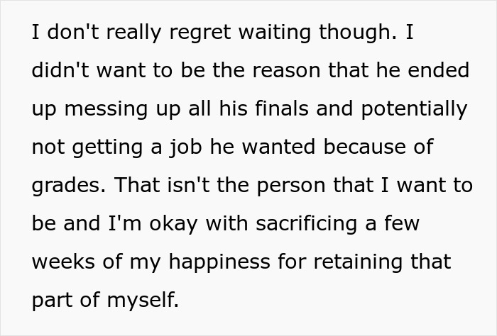 A text block explaining why someone didn't regret waiting before ending things with a toxic guy.