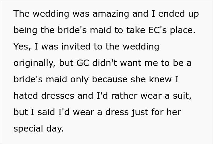 A screenshot of text about a sister's wedding and being a bridesmaid.