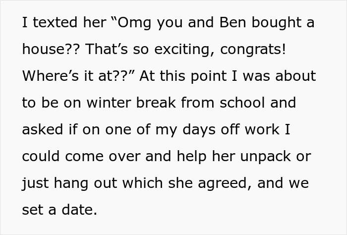 Text snippet: A bride's bestie reaches out after hearing about the new house, reflecting on the friendship that has run its course.