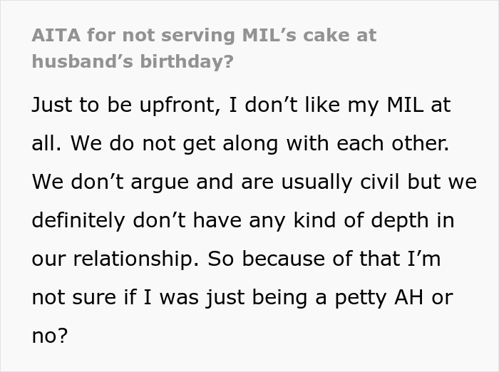 Text about not serving MIL's cake at husband's birthday