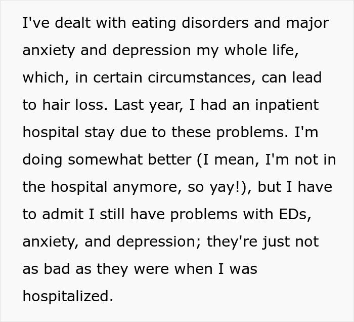 A woman is told her hair looks messy, potentially costing her job. She talks about hair loss from eating disorders and anxiety.