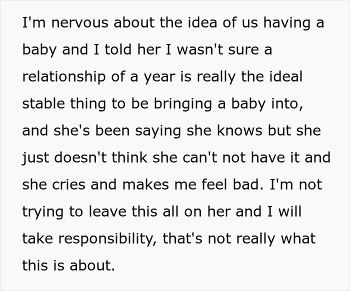 Text about nervousness regarding having a baby and relationship stability