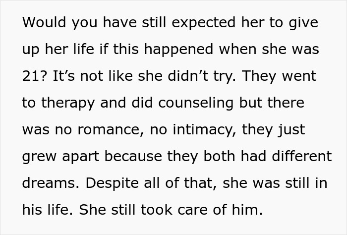 Text discussing the ex-wife's continued support after the husband's accident and marriage ending.