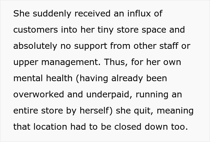 Text: Woman quits due to overwork, causing another store closure, furthering the guy's revenge against the company.