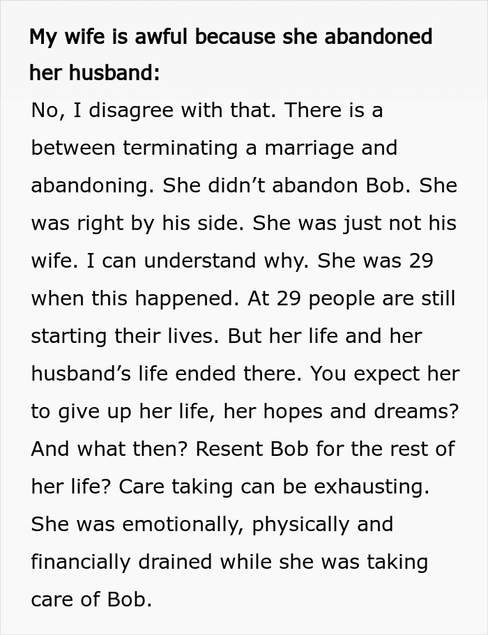Text explaining why an ex-wife refusing to leave her husband's side after an accident is not abandonment.