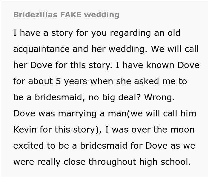 Text describing a bridezilla story about wedding and bridesmaid experience