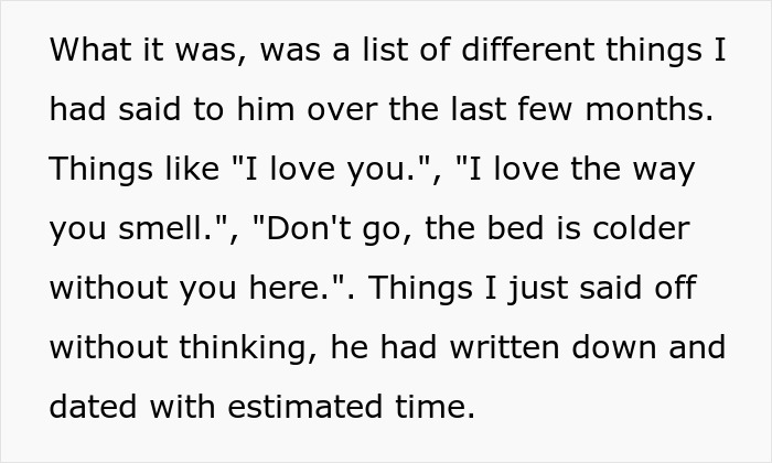 Screenshot of text revealing a list of things the narrator said, written by his husband, suggesting a double life.