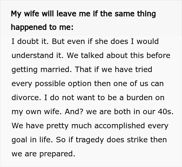 A screenshot discussing a husband's accident, a conversation about a wife potentially leaving him.