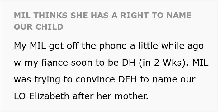 Text snippet showing the MIL wants final say on the baby's name, proposing Elizabeth.