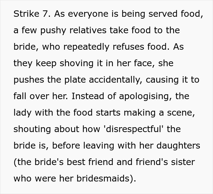 Text describing bride refusing food leading to conflict at wedding