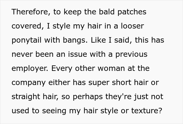 A woman is told her hair looks messy, jeopardizing her job. She styles her hair to cover bald patches, a common issue.