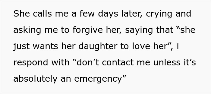 A screenshot of text detailing the bride's mom crying and asking for forgiveness after missing wedding photos.