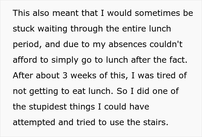 Text describing a disabled teen missing lunch and attempting to use stairs, showing the impact of not having an elevator key.