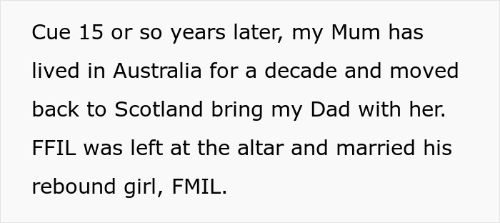A screenshot of text discussing a woman's drunken tantrum, mentioning a Dad and MIL.