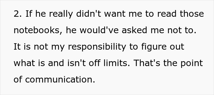 A screenshot of text explaining communication about personal items after finding a husband's double life.