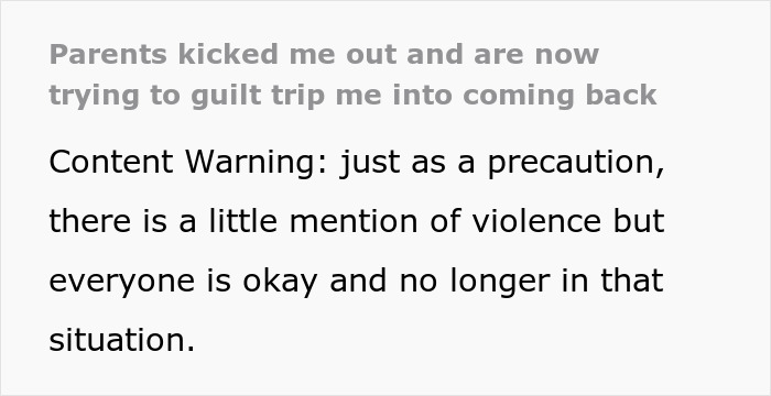 Screenshot of text about parents kicking out a woman after refusing to follow one rule, mentioning a content warning for violence.