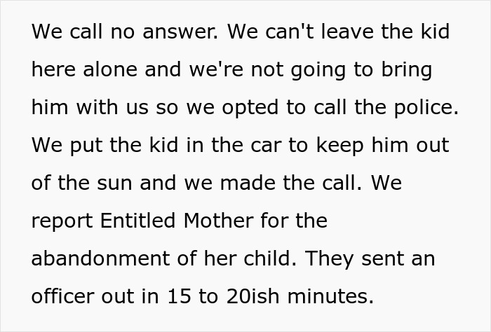 Text snippet about parents calling the police to report a bully boy's mom for child abandonment on a beach trip. Text snippet about parents calling the police to report a bully boy's mom for child abandonment on a beach trip.