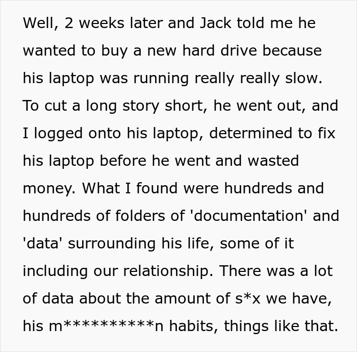 Discovery of boyfriend's extensive data folders on laptop including relationship data Discovery of boyfriend's extensive data folders on laptop including relationship data