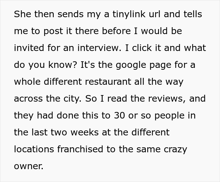 Restaurant scam: a tinylink URL leading to a different restaurant for fake reviews.