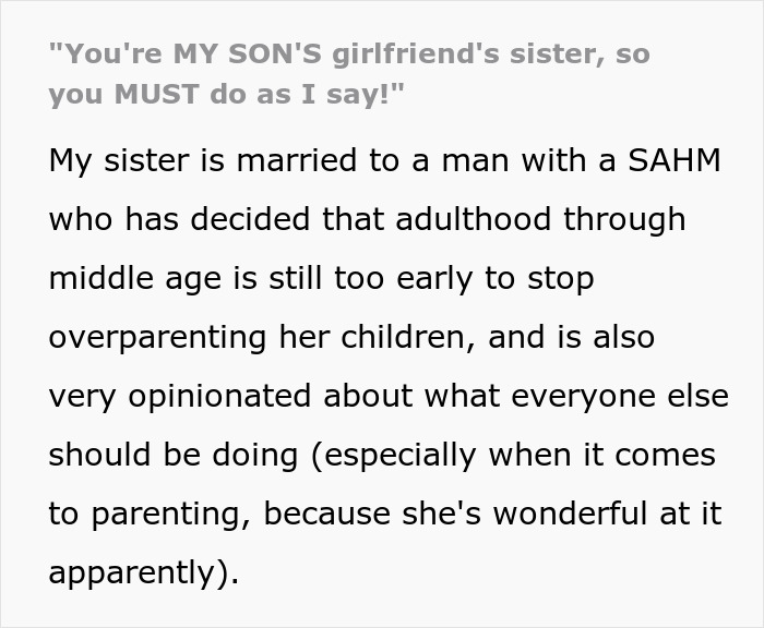 Text about narcissistic mother-in-law insisting sister-in-law obey her rules Text about narcissistic mother-in-law insisting sister-in-law obey her rules