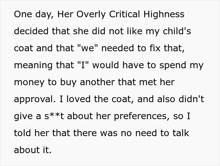 Text detailing confrontation over child's coat and mother-in-law's control demands Text detailing confrontation over child's coat and mother-in-law's control demands
