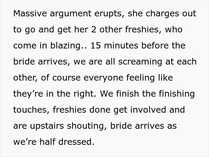 A perfect bachelorette with family drama: text describing a massive argument and screaming matches before the bride's arrival. A perfect bachelorette with family drama: text describing a massive argument and screaming matches before the bride's arrival.
