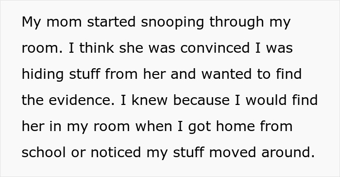 Screenshot of text detailing a religious mom snooping in teen's room, leading to the truth.