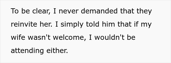 Text clarifying the decision to not attend the destination wedding if the wife isn't welcome after arranging PTO and travel. Text clarifying the decision to not attend the destination wedding if the wife isn't welcome after arranging PTO and travel.