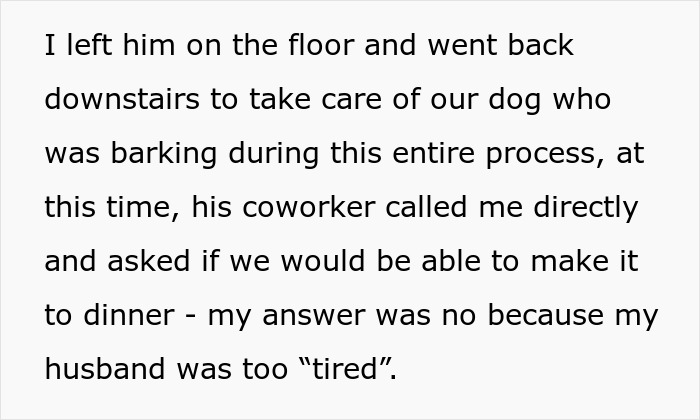 Text about leaving husband on floor to care for dog and declining dinner due to husband's condition Text about leaving husband on floor to care for dog and declining dinner due to husband's condition
