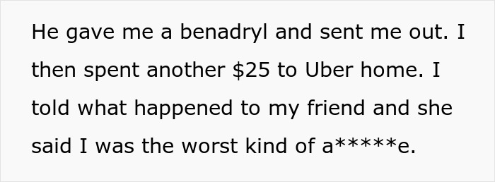 Text bubble: Details about getting Benadryl and a friend's reaction to the lie allergy restaurant emergency.