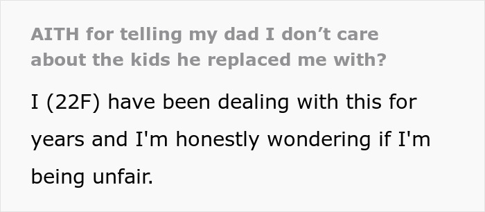 A post title asking AITH for not caring about the kids who replaced the daughter. A post title asking AITH for not caring about the kids who replaced the daughter.