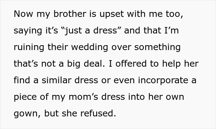 Text snippet explaining brother's fiancée's tantrum over a dress and the brother's reaction. Text snippet explaining brother's fiancée's tantrum over a dress and the brother's reaction.